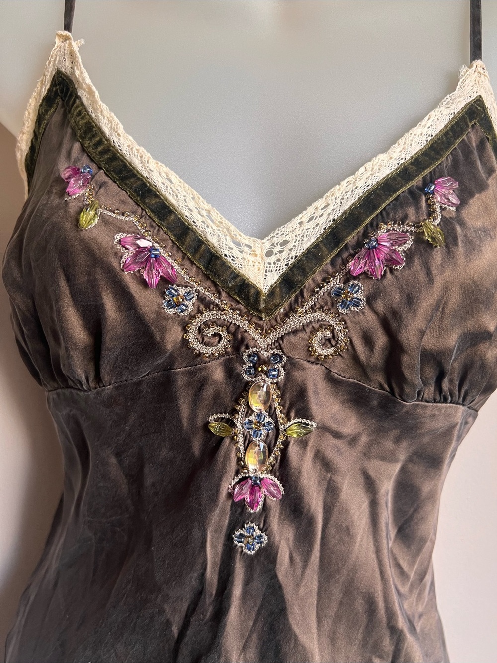 Gold Hawk Women's Y2K Chocolate Brown Beaded Lace Silk Babydoll Cami S Fairy